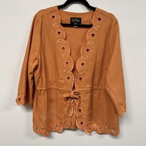 Bob Mackie XL Orange Eyelet Jacket 3/4 Sleeve Cinched Waist Boho Art to Wear